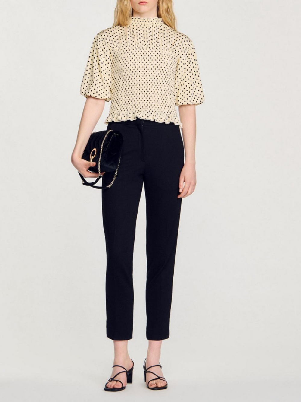 Sandro Racine smocked Polka Dot Beige Black Mock Neck Puff Sleeve Blouse size 4 - Picture 4 of 16